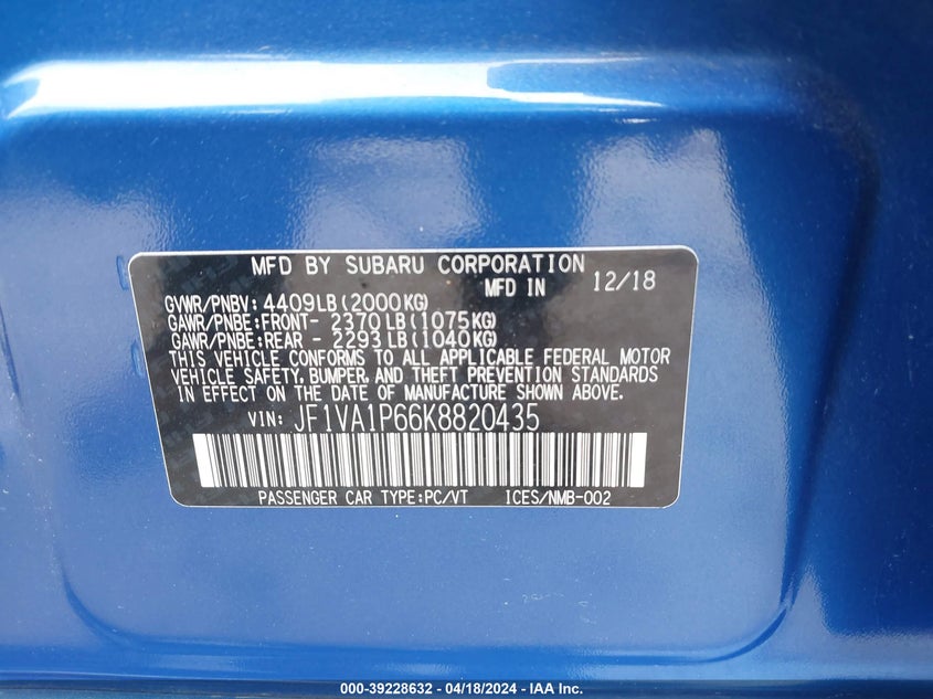 2019 SUBARU WRX LIMITED - JF1VA1P66K8820435