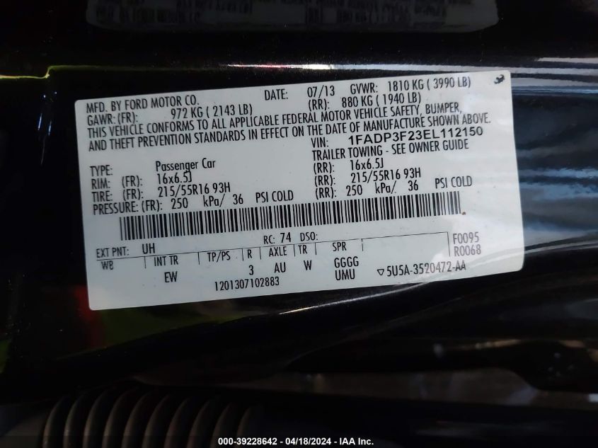 2014 Ford Focus Se VIN: 1FADP3F23EL112150 Lot: 39251393