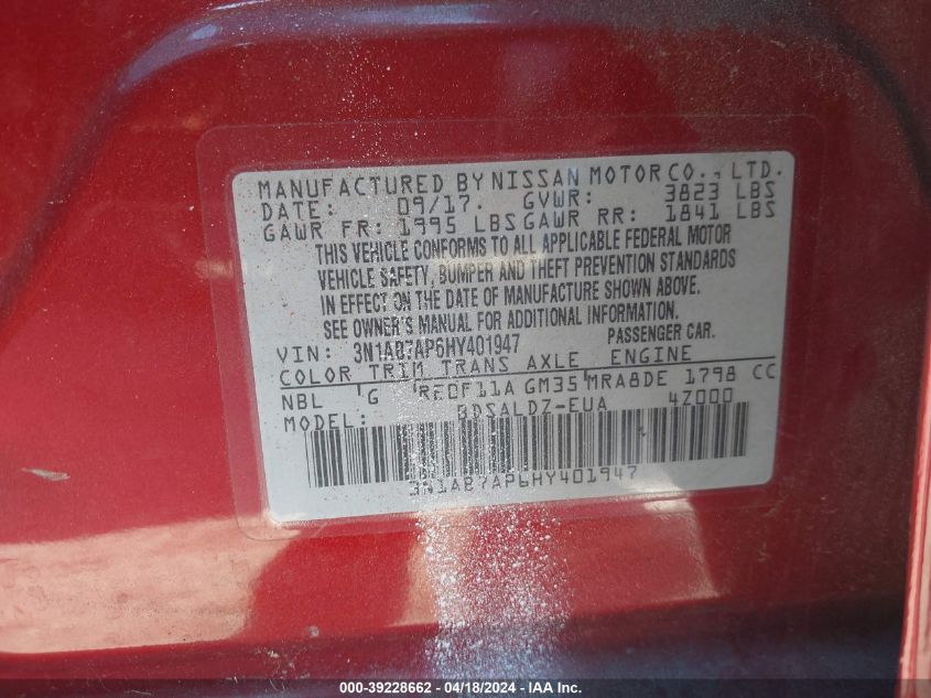 2017 Nissan Sentra Sv VIN: 3N1AB7AP6HY401947 Lot: 39252087