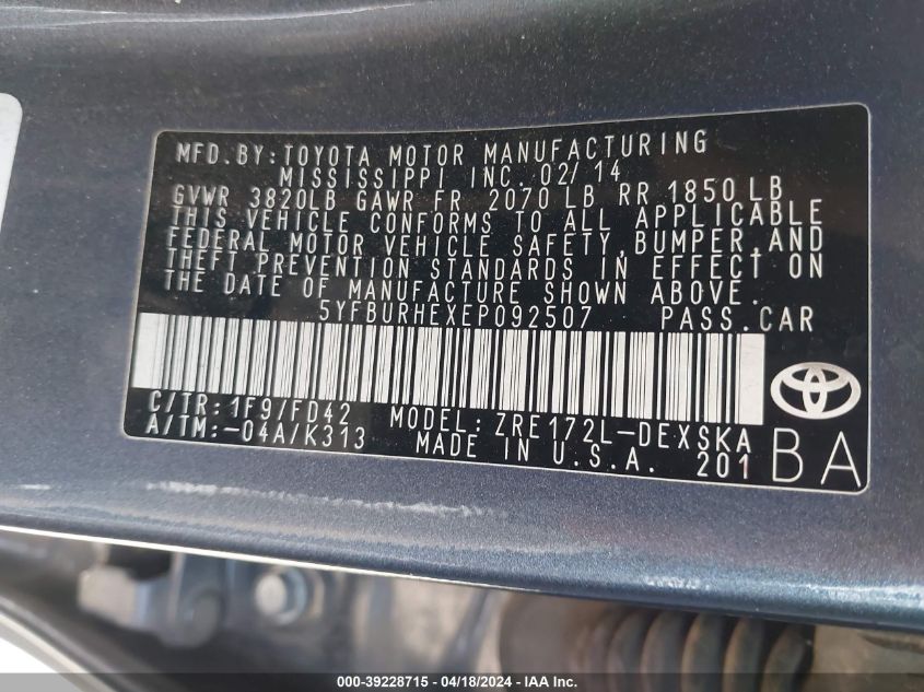 2014 Toyota Corolla S Plus VIN: 5YFBURHEXEP092507 Lot: 39254491