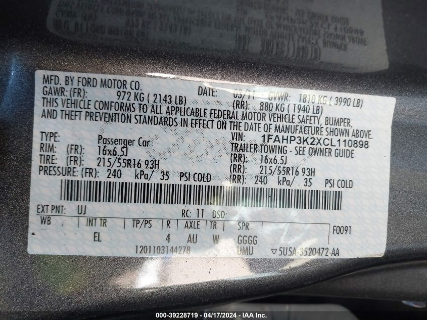 1FAHP3K2XCL110898 | 2012 FORD FOCUS