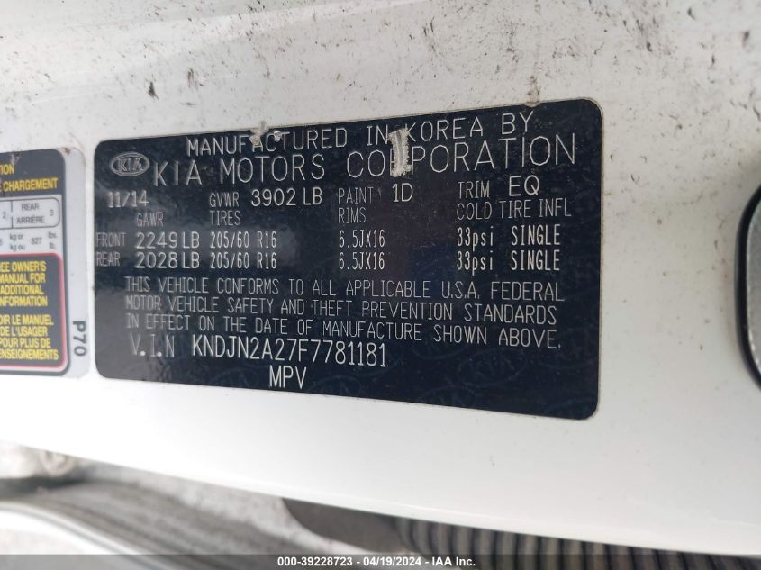 2015 Kia Soul VIN: KNDJN2A27F7781181 Lot: 39228723