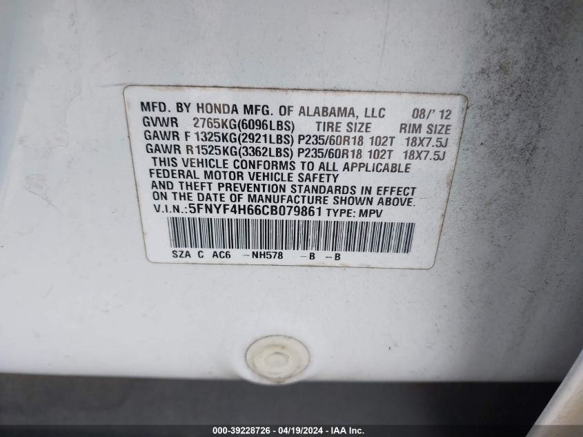 2012 Honda Pilot Ex-L VIN: 5FNYF4H66CB079861 Lot: 39228726