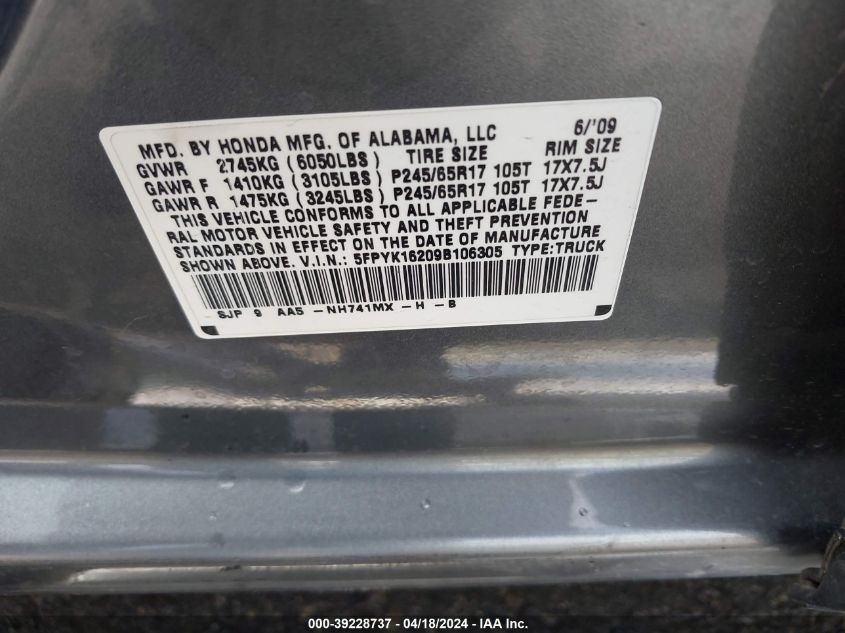 2009 Honda Ridgeline Rt VIN: 5FPYK16209B106305 Lot: 39228737