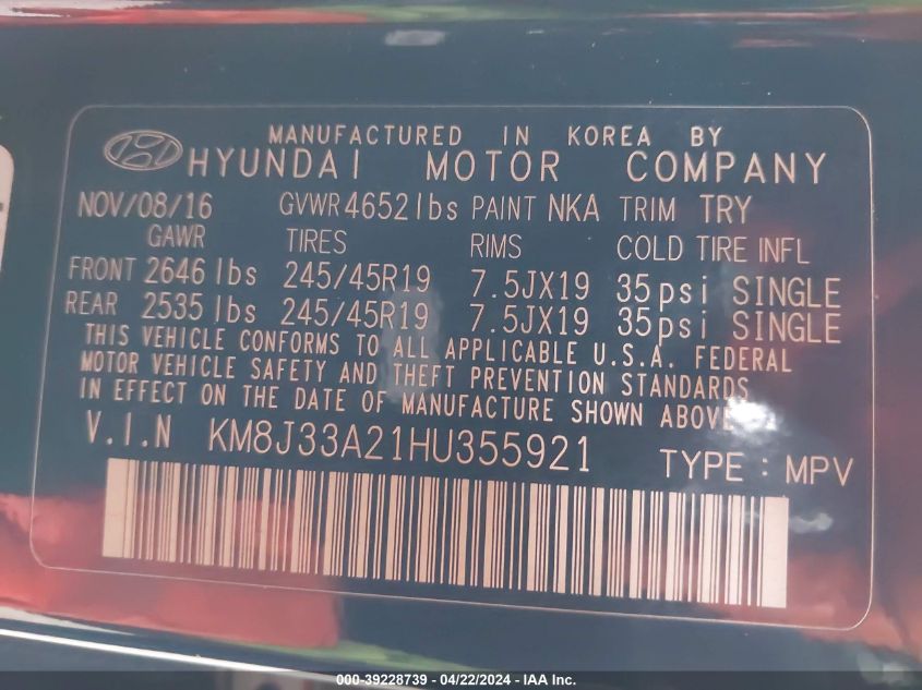 2017 Hyundai Tucson Limited VIN: KM8J33A21HU355921 Lot: 39228739