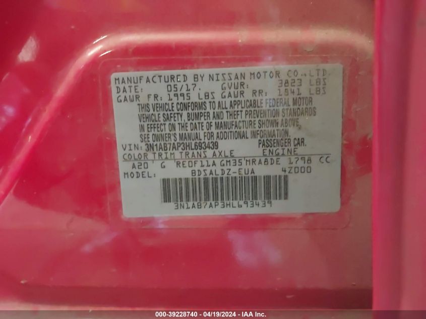 2017 Nissan Sentra Sv VIN: 3N1AB7AP3HL693439 Lot: 39228740