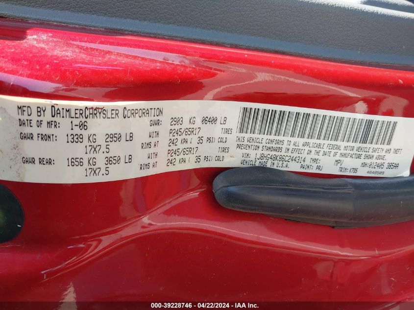 2006 Jeep Commander VIN: 1J8HG48K86C244314 Lot: 39256957