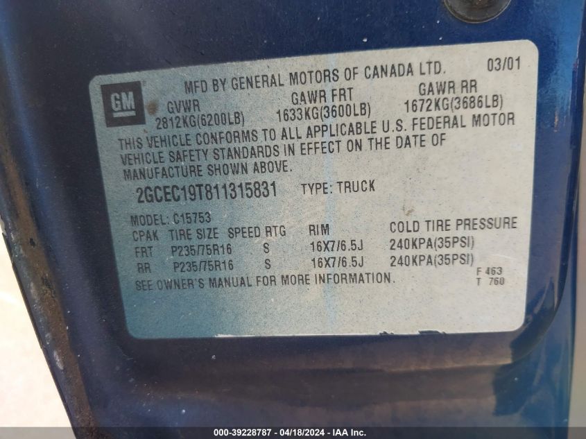 2001 Chevrolet Silverado 1500 Ls VIN: 2GCEC19T811315831 Lot: 39228787