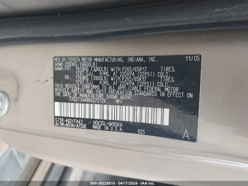 2006 Toyota Sequoia Sr5 V8 VIN: 5TDZT34A86S272126 Lot: 39228810