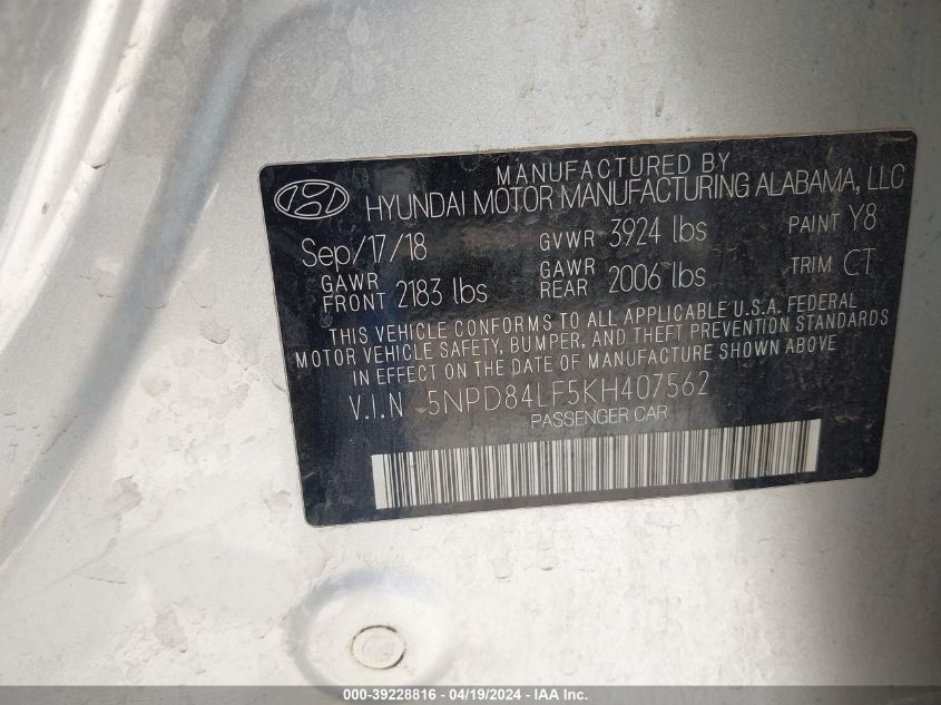 2019 Hyundai Elantra Sel VIN: 5NPD84LF5KH407562 Lot: 39228816