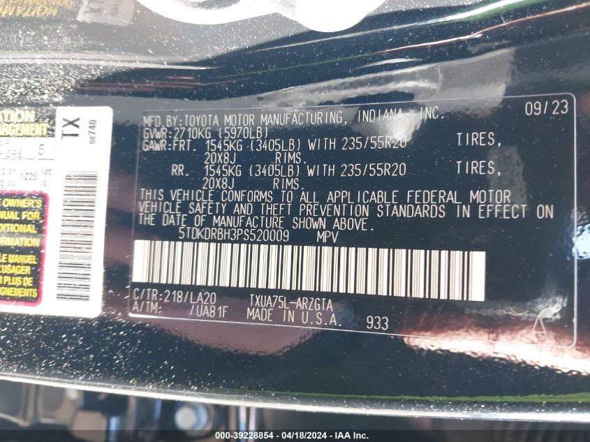 2023 Toyota Highlander Platinum VIN: 5TDKDRBH3PS520009 Lot: 39255595