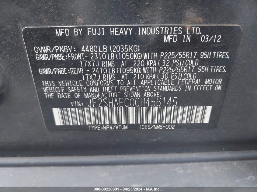 2012 Subaru Forester 2.5X Limited VIN: JF2SHAEC0CH456145 Lot: 39228891