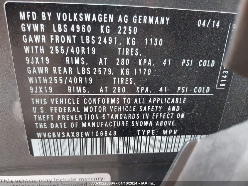 2014 Volkswagen Tiguan R-Line VIN: WVGBV3AX8EW106848 Lot: 39228894