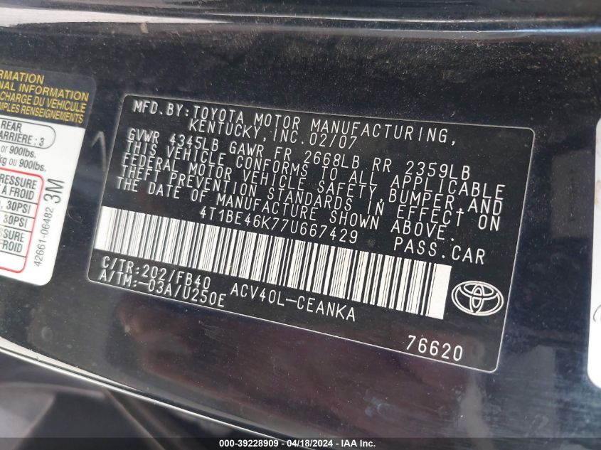 2007 Toyota Camry Le VIN: 4T1BE46K77U667429 Lot: 39228909