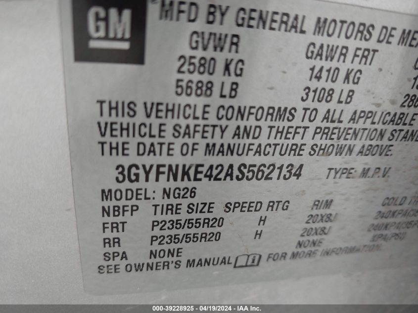 2010 Cadillac Srx Turbo Premium VIN: 3GYFNKE42AS562134 Lot: 39228925