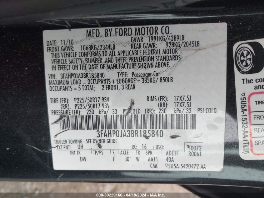 2011 Ford Fusion Sel VIN: 3FAHP0JA3BR185840 Lot: 39229160