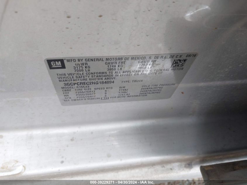 2017 Chevrolet Silverado 1500 1Lt VIN: 3GCPCREC2HG184894 Lot: 39229271