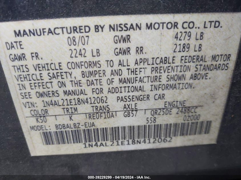 2008 Nissan Altima 2.5 S VIN: 1N4AL21E18N412062 Lot: 39251933