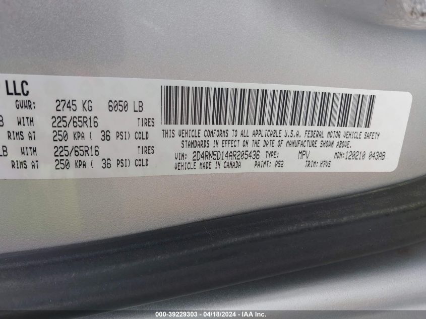 2010 Dodge Grand Caravan Sxt VIN: 2D4RN5D14AR205436 Lot: 39229303