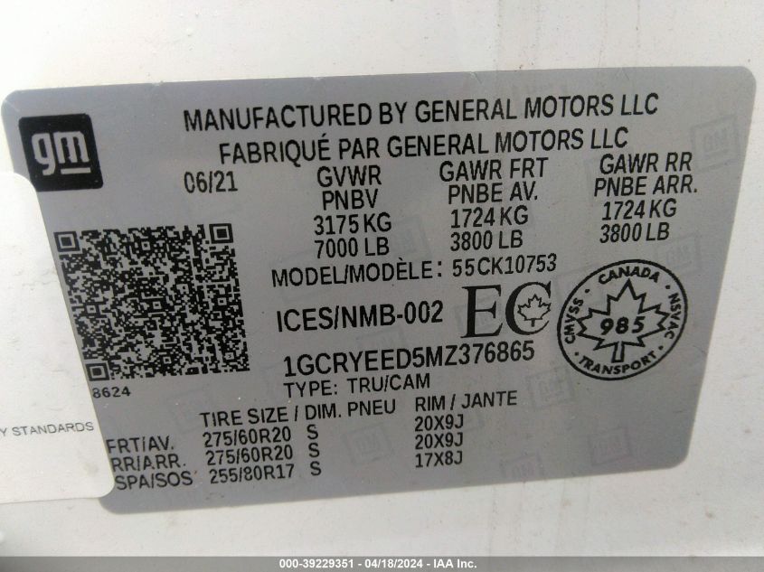 2021 Chevrolet Silverado 1500 4Wd Double Cab Standard Bed Rst VIN: 1GCRYEED5MZ376865 Lot: 39229351