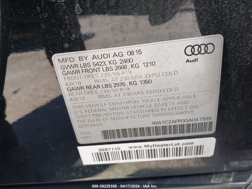 2016 Audi Q5 2.0T Premium VIN: WA1C2AFP0GA041566 Lot: 39229358