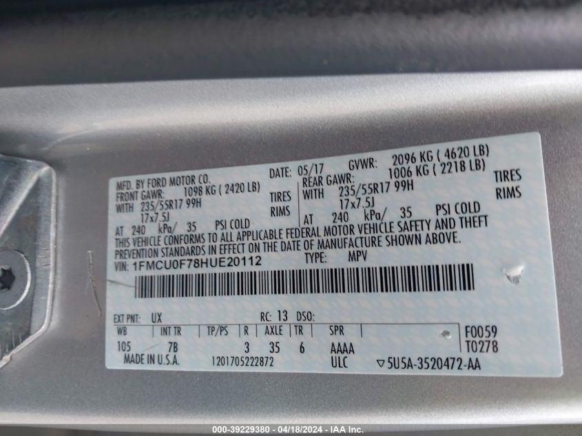 2017 Ford Escape S VIN: 1FMCU0F78HUE20112 Lot: 39229380