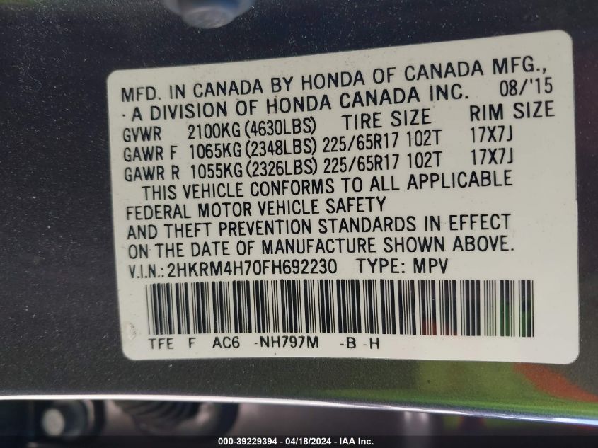 2015 Honda Cr-V Ex-L VIN: 2HKRM4H70FH692230 Lot: 39229394