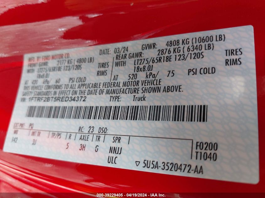 2024 Ford Super Duty F-250 Srw Xlt VIN: 1FTRF2BT5RED34372 Lot: 39229405