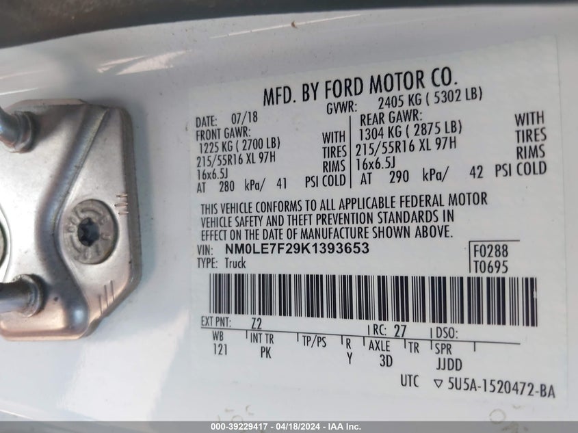 VIN NM0LE7F29K1393653 2019 FORD TRANSIT CONNECT XLT
