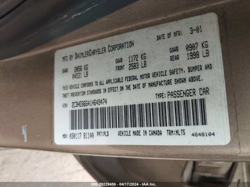 2001 Chrysler 300M VIN: 2C3HE66G41H649474 Lot: 39229456