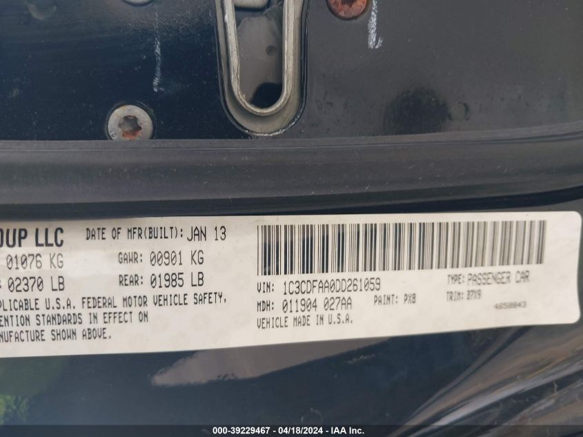 2013 Dodge Dart Se VIN: 1C3CDFAA0DD261059 Lot: 39229467