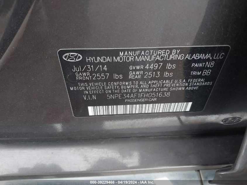 2015 Hyundai Sonata Sport VIN: 5NPE34AF1FH051638 Lot: 39251841