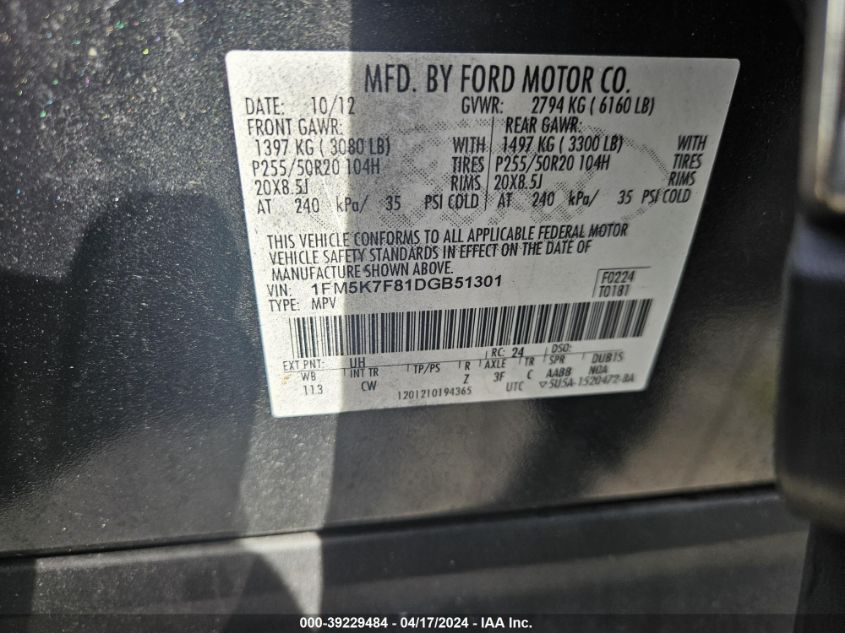 1FM5K7F81DGB51301 | 2013 FORD EXPLORER