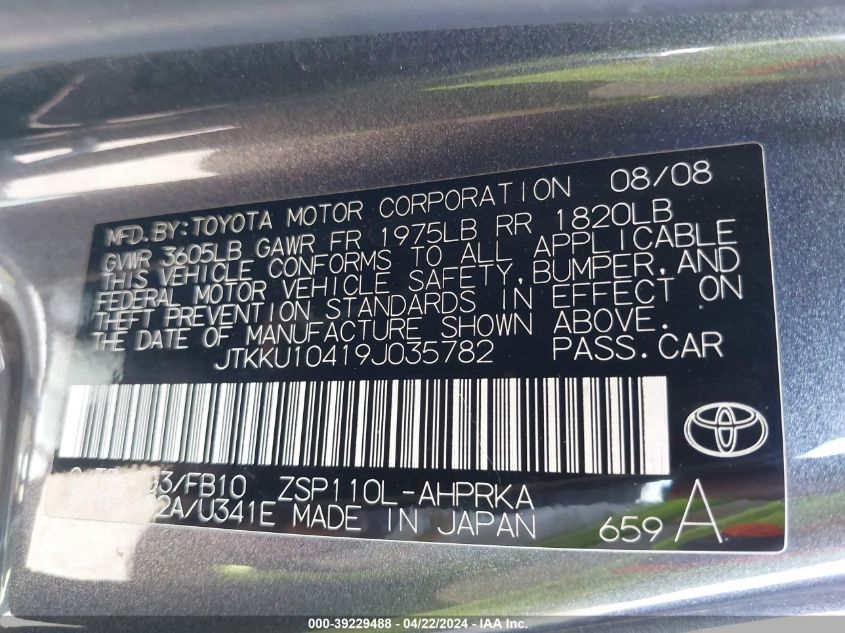 2009 Scion Xd VIN: JTKKU10419J035782 Lot: 39229488