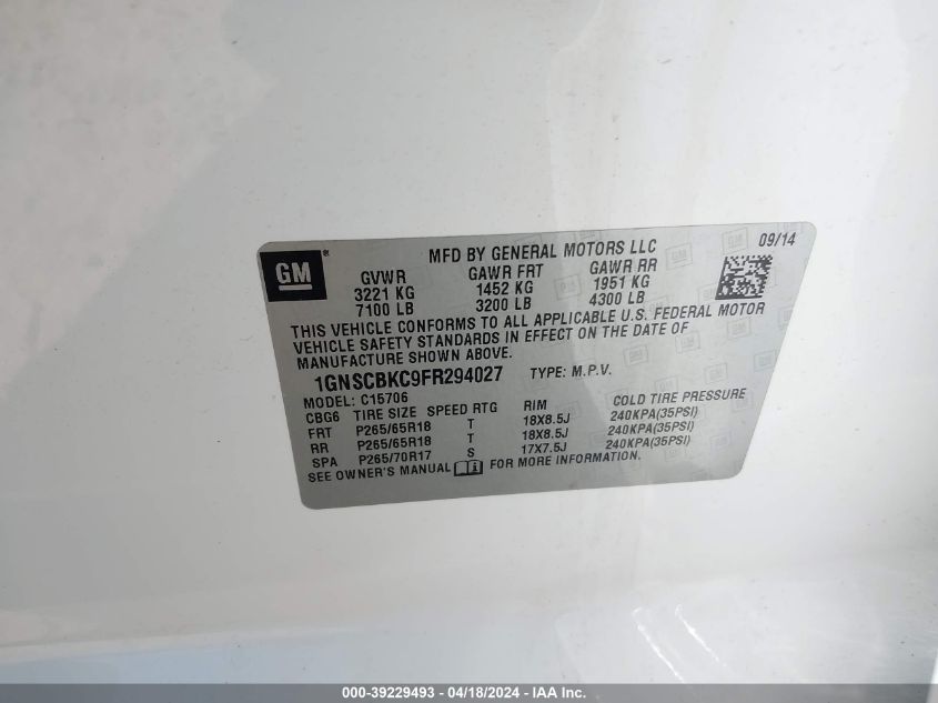 2015 Chevrolet Tahoe Lt VIN: 1GNSCBKC9FR294027 Lot: 39229493