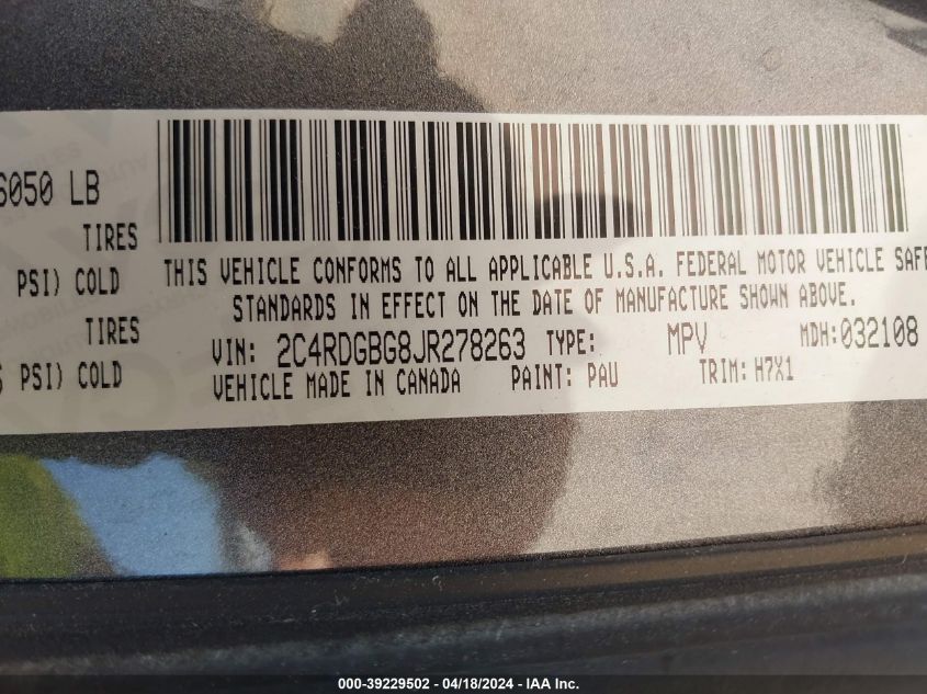 2018 Dodge Grand Caravan Se VIN: 2C4RDGBG8JR278263 Lot: 39229502