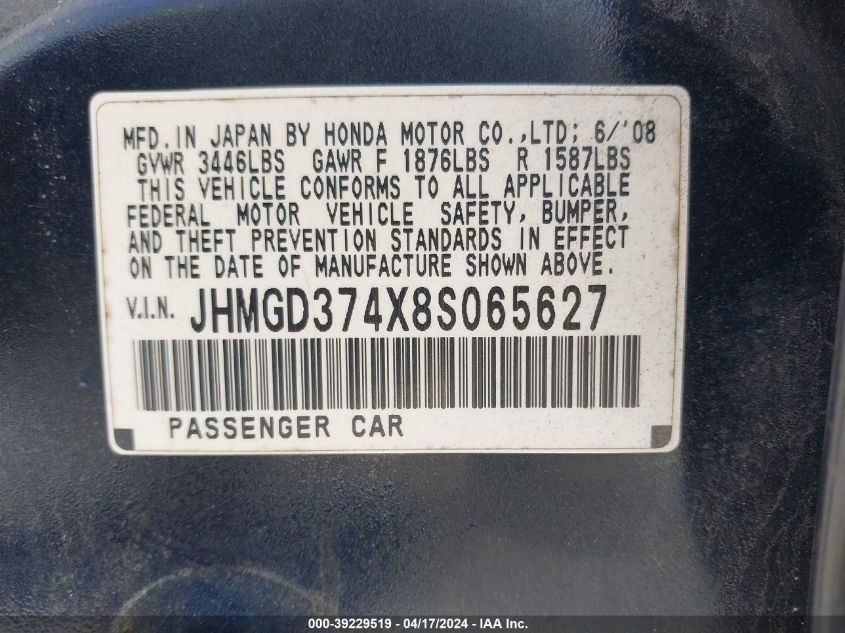 JHMGD374X8S065627 | 2008 HONDA FIT