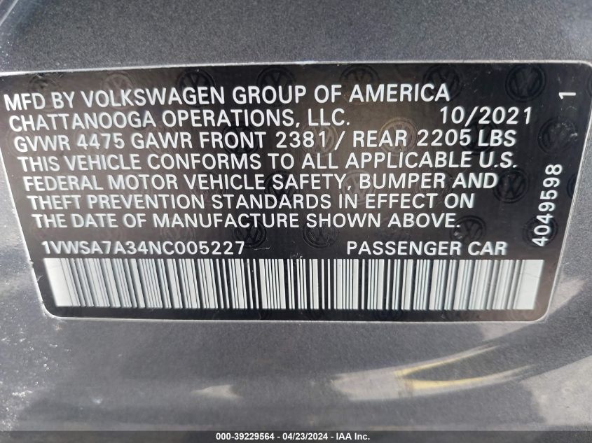 2022 VOLKSWAGEN PASSAT SE - 1VWSA7A34NC005227