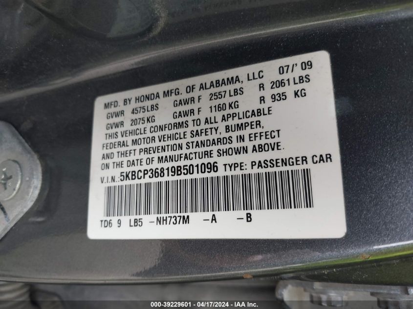 5KBCP36819B501096 | 2009 HONDA ACCORD