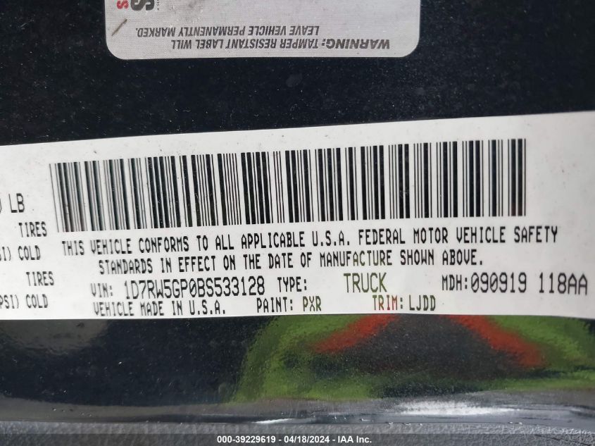 2011 Ram Dakota Laramie VIN: 1D7RW5GP0BS533128 Lot: 39229619