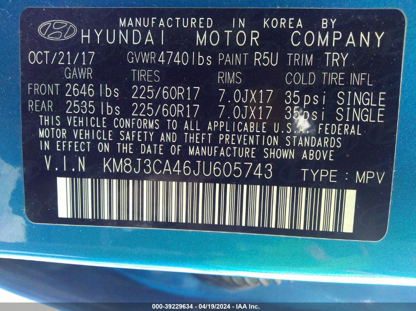 2018 Hyundai Tucson Sel VIN: KM8J3CA46JU605743 Lot: 39229634
