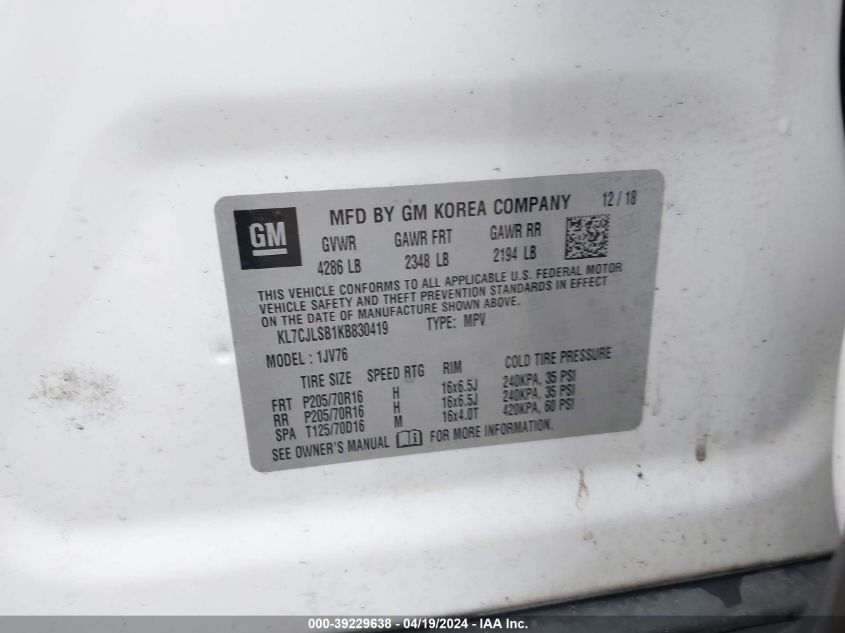 2019 Chevrolet Trax Lt VIN: KL7CJLSB1KB830419 Lot: 39229638