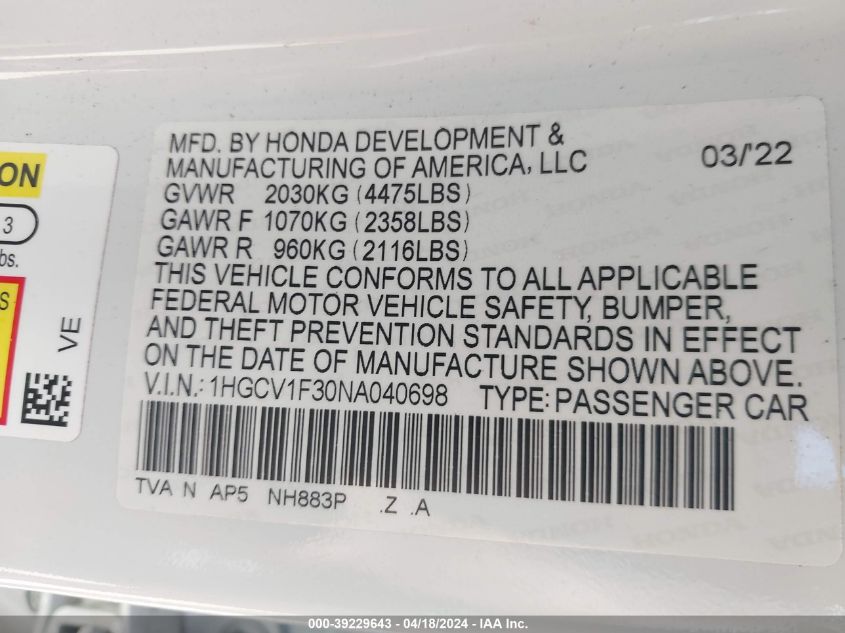 2022 Honda Accord Sport VIN: 1HGCV1F30NA040698 Lot: 39229643