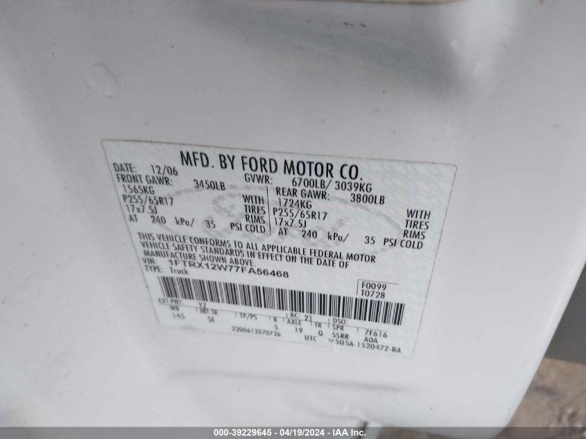 2007 Ford F-150 Stx/Xl/Xlt VIN: 1FTRX12W77FA56468 Lot: 39229645
