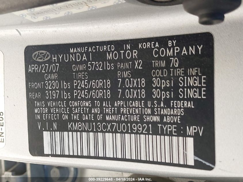 2007 Hyundai Veracruz Gls/Limited/Se VIN: KM8NU13CX7U019921 Lot: 39229648