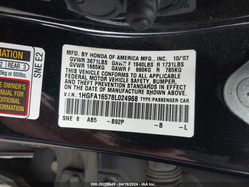 2008 Honda Civic Lx VIN: 1HGFA16578L024968 Lot: 39229649
