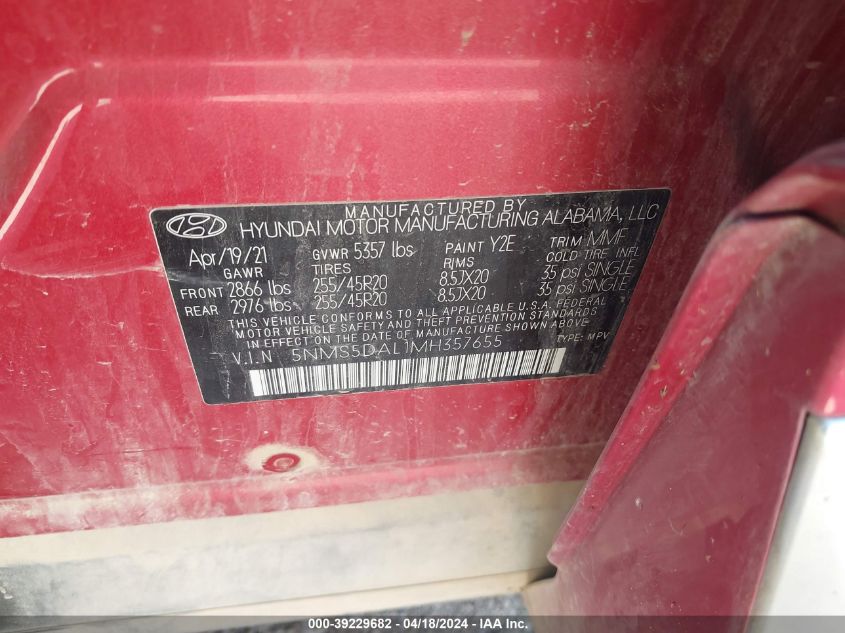 2021 Hyundai Santa Fe Calligraphy VIN: 5NMS5DAL1MH357655 Lot: 39229682