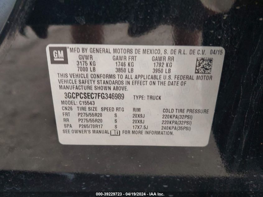 2015 Chevrolet Silverado 1500 2Lz VIN: 3GCPCSEC7FG346989 Lot: 39229723