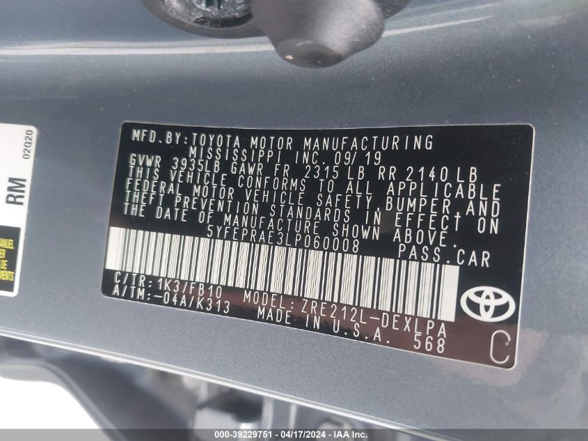 5YFEPRAE3LP060008 | 2020 TOYOTA COROLLA