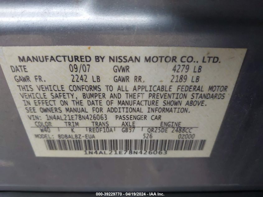 1N4AL21E78N426063 | 2008 NISSAN ALTIMA